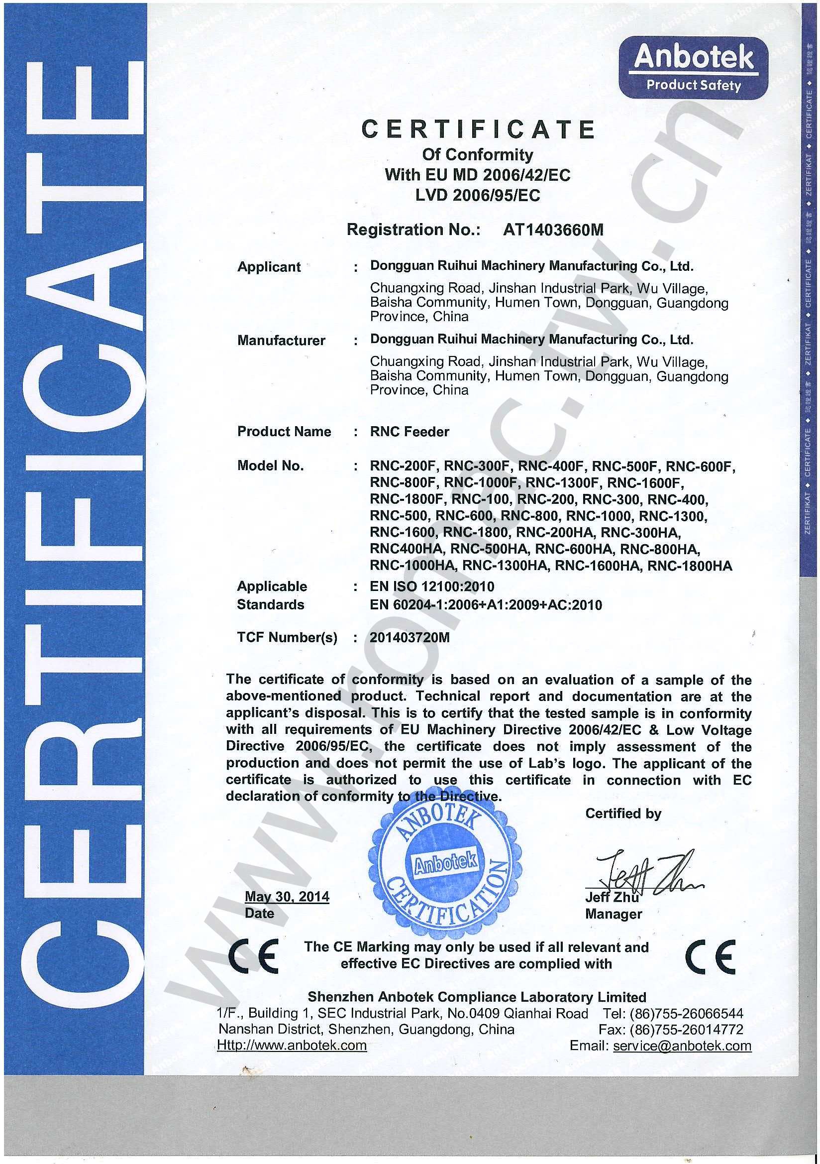 China GUANGDONG RUIHUI INTELLIGENT TECHNOLOGY CO., LTD. Certificaten